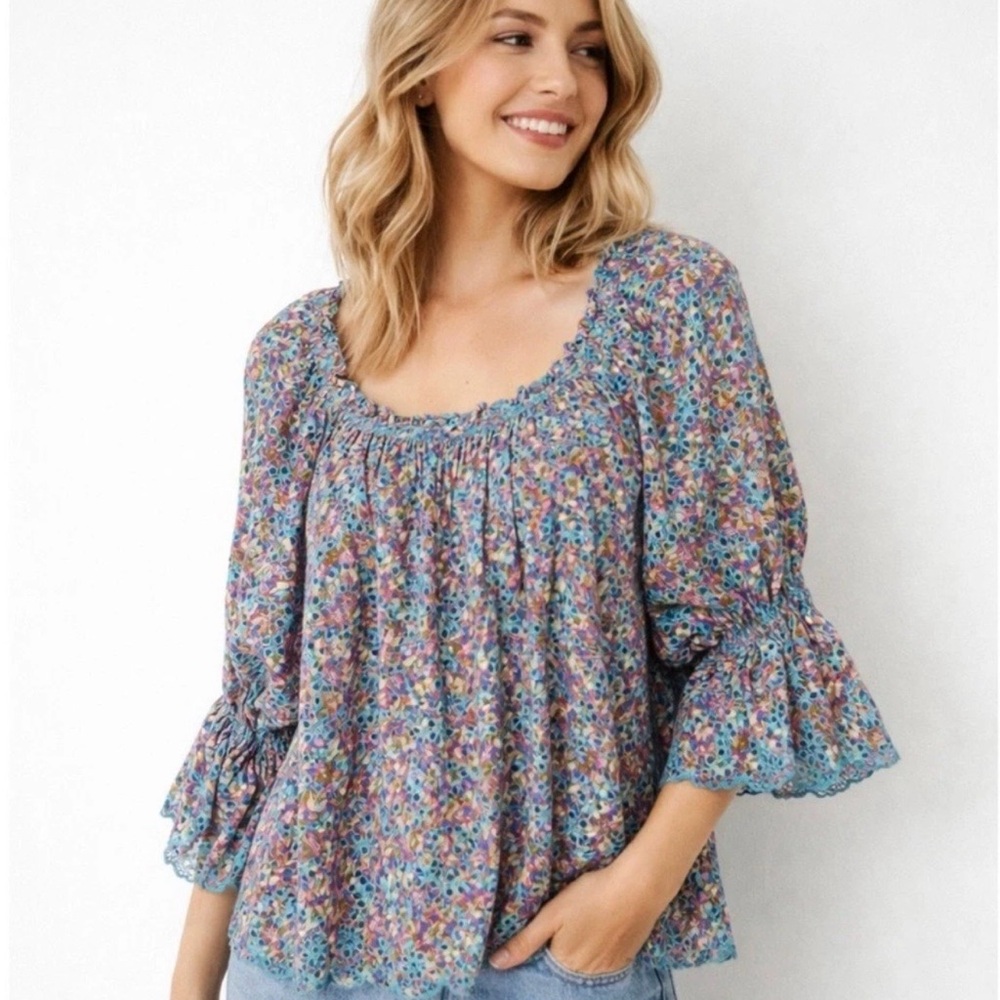 RAMY‎ BROOK Oakleigh Multi Colored Floral Eyelet Ruffle Sleeve Boho Top Sz XS